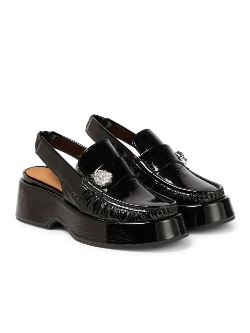 New! GANNI Slingback Crinkle Patent Leather Loafers Black 38 8 US DD464A